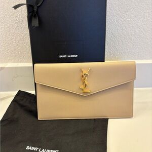 Saint Laurent Tan Envelope Clutch with Gold Logo